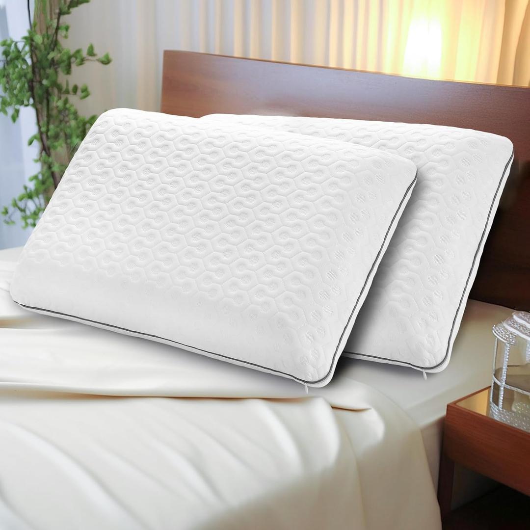 Gel Memory Foam Pillows for Sleeping- Standard Size -1-Pack - Medium Plush Feel - Neck and Shoulder Support - for Back-Side- Stomach Sleepers - Bed Pillows (White/Gray edge-4inch)