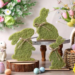 LemonRoad 3 Pcs Green Moss Easter Bunny Decor Soft Plush Rustic Rabbit Statues for Spring Table Centerpiece, Tiered Tray, Home Office Indoor Outdoor Easter Decorations