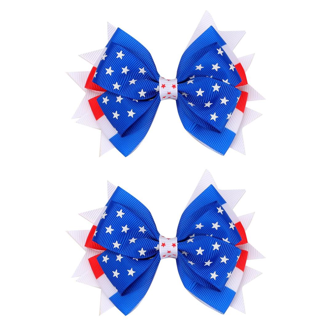 2 x 4th of July Hair Bow Clips - 2Pcs Independence Day Hair Bows Clips Stars Stripes Alligator Barrettes Hair Accessories for Women Girls for Memorial Day (Blue Star)