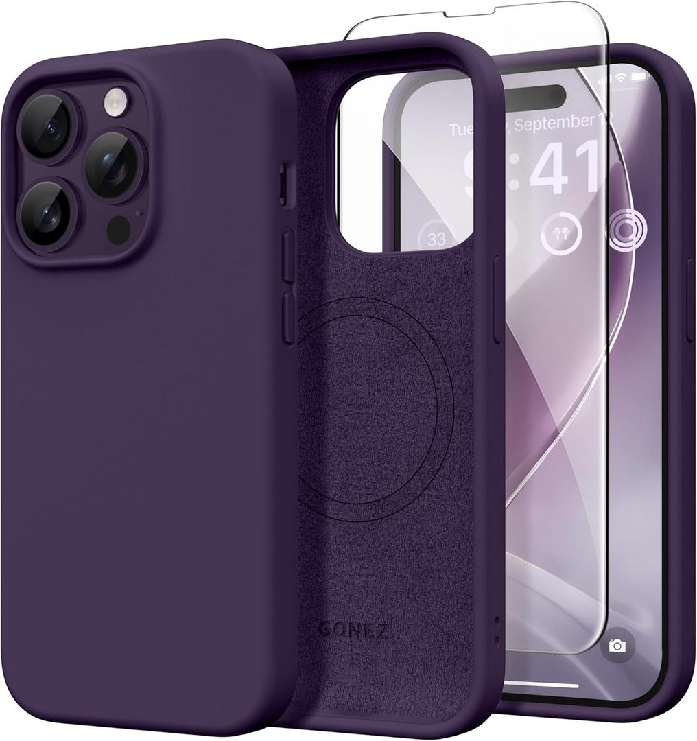 GONEZ Magnetic for iPhone 14 Pro Max Case, [Compatible with MagSafe] Anti-Scratch Microfiber Lining & Screen Protector, Shockproof Slim Phone Silicone Cover 6.7 inch, Deep Purple