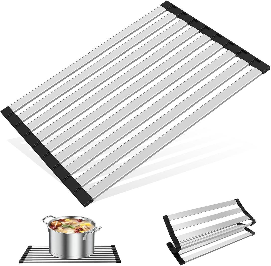 17.7" x 12.8" Roll-Up Dish Drying Rack Over Sink - Kitchen Sink Cover and Organizer Gadget with Foldable Stainless Steel Drainer and Sink Mat, Silver Dish Rack - Small