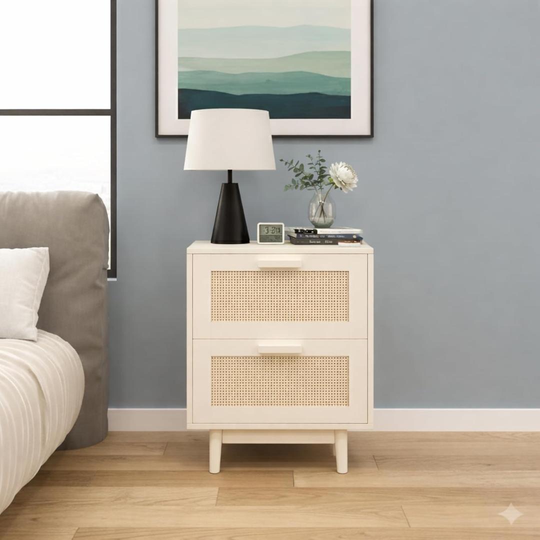 Nightstand with Faux Rattan Drawers, 2-Drawer Bedside Table with Plastic Cane Weave Front, Modern Boho Night Stand for Bedroom, Living Room, Cream