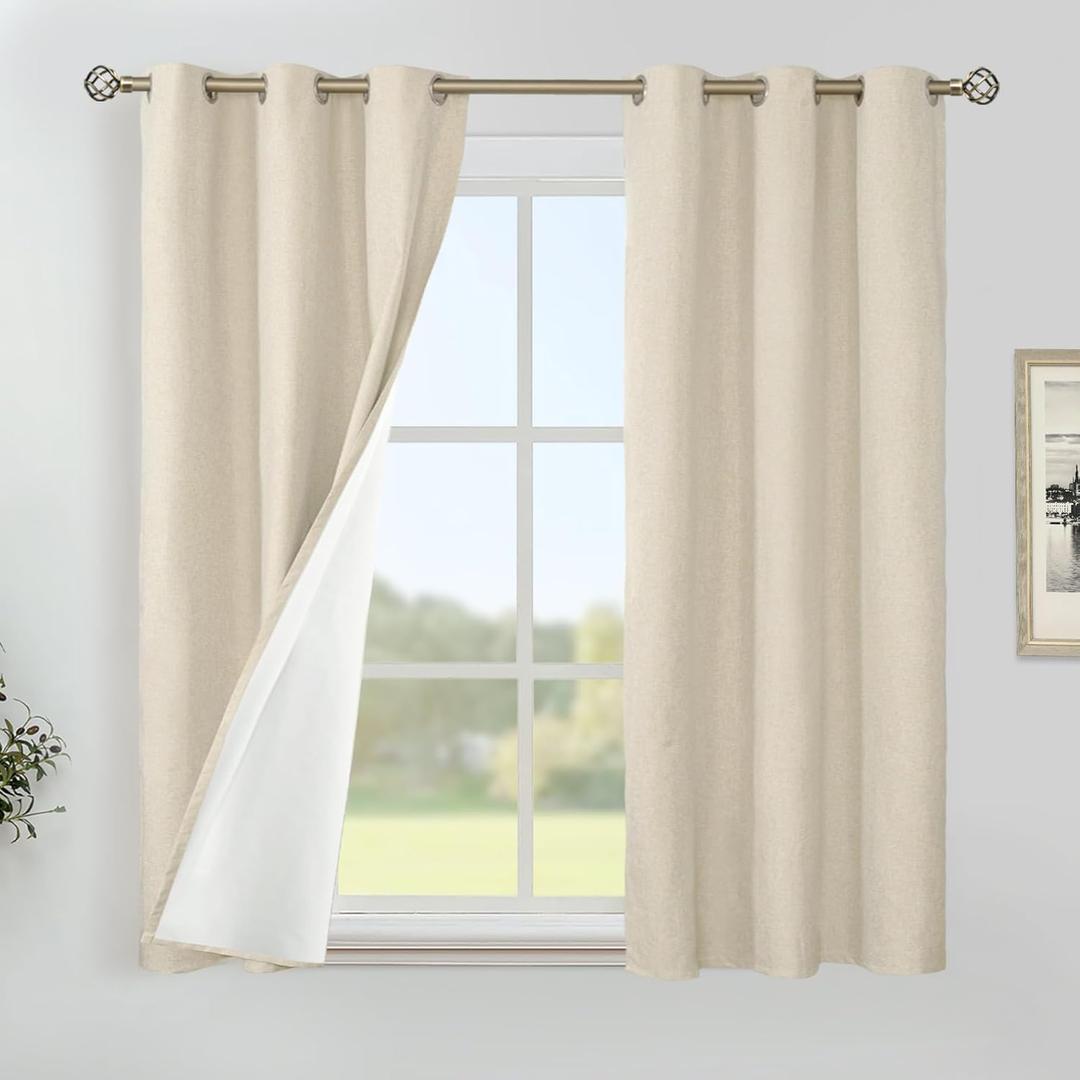 YoungsTex Natural Linen 100% Blackout Curtains 45 Inch Length, Short Thermal Insulated Black Out Drapes with Grommet Privacy Room Darkening for Bedroom Window, 2 Panels, 42 X 45 Inch