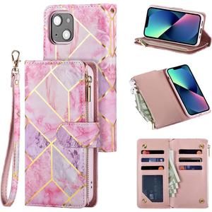 UEEBAI Wallet Case for iPhone 13 6.1 inch, Premium Vintage PU Leather Magnetic Closure Handbag Zipper Pocket Case Kickstand Card Holder Slots with Wrist Strap TPU Shockproof Flip Case - Pink&Purple