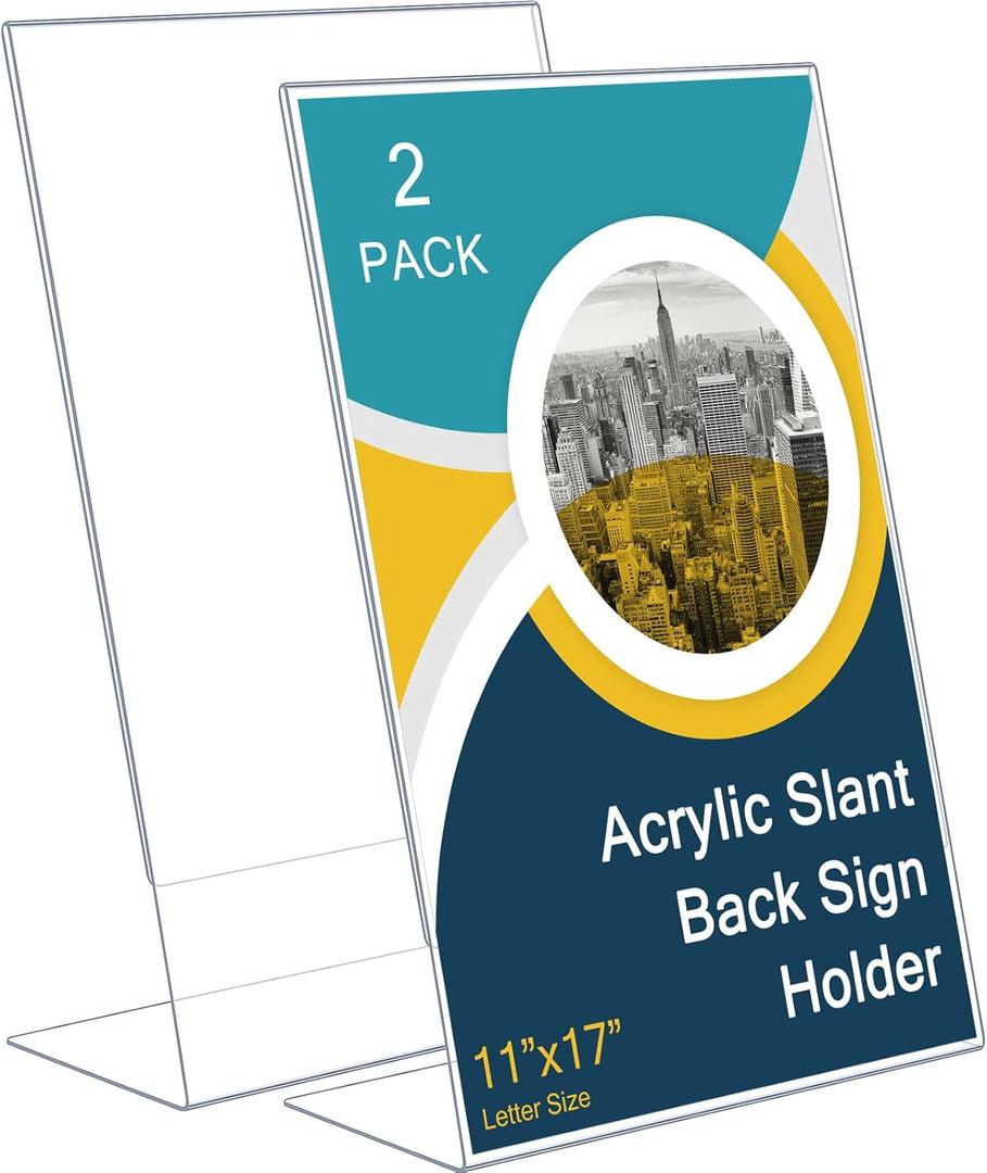Sanwuta Pack of 2 Acrylic Sign Holder, Slant Sign Display Stand, Transparent Flyer Holder Frame Plastic Document Display for Workers Teachers Office Home Menu Desktop(11 x 17 Inch)
