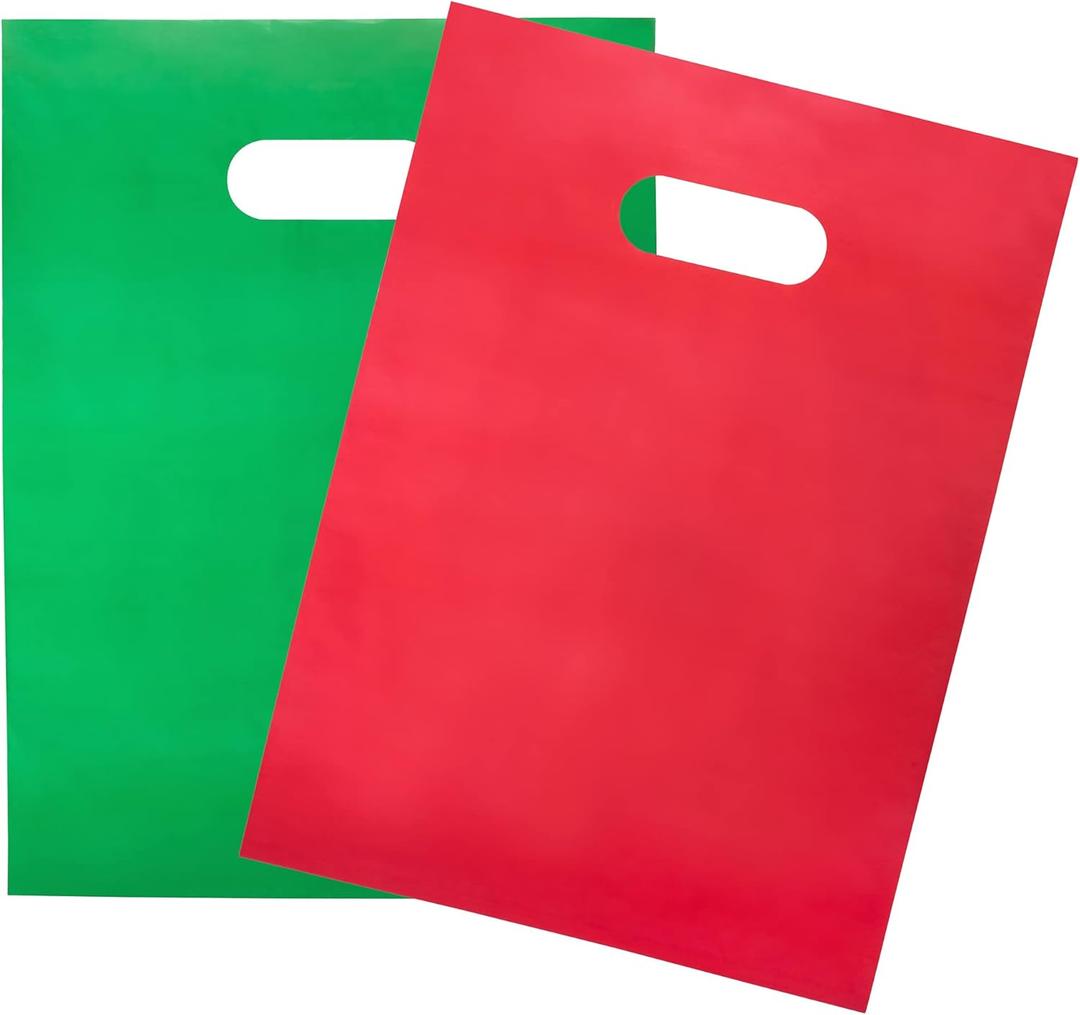 200 Red & Green Merchandise Bags1.5Mil Thick 100 Red and 100 Green 9"x12" Glossy Suitable for Retail And Boutique With Handles