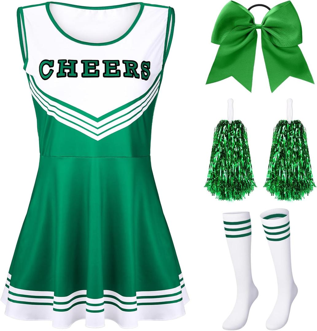 SATINIOR 4 Pcs Cheerleader Costumes for Women Adults Girls Cheer Uniform Outfit for 2025 Halloween(Medium, Dark Green)