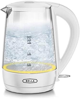 BELLA 1.7 Liter Glass Electric Kettle, Quickly Boil 7 Cups of Water in 6-7 Minutes, Soft Yellow LED Lights Illuminate While Boiling, Cordless Portable Water Heater, Carefree Auto Shut-Off, White
