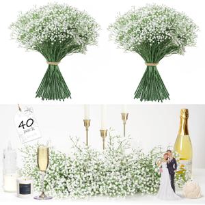 Fanfantoey 40Pcs Babys Breath Artificial Flowers, White Gypsophila Real Touch White Flowers Artificial Bulk, DIY Wedding Flower Bouquet, Fake Babies Breath Flowers Long Stems for Home Decor