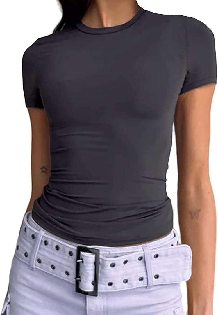 Women's Short Sleeve T Shirt Slim Fit Basic Summer Top Dark Gray L 