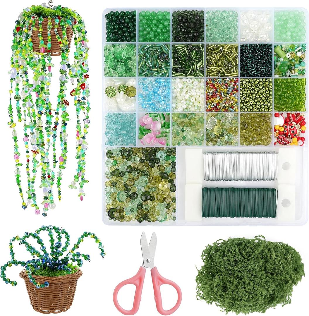 Draupnir 5424 Pcs Beaded Plant Kit Forever Green Beads for Beaded Plants, Glass Beads Bulk Leaf Flower Beads for Succulent Plant Jewelry Making DIY Craft(Plant Pot is NOT Included)