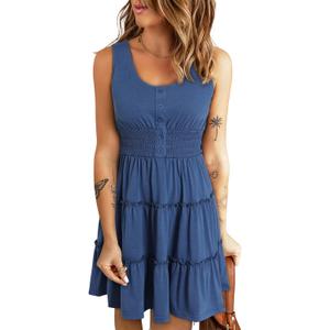 Dokotoo Womens Summer Dresses 2025 Sleeveless Button Down Smocked Empire Waist Ruffle Tiered Casual Swing Mini Dress (Large, Blue)