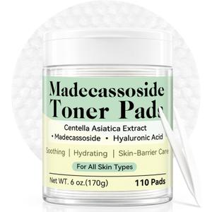 Madecassoside Toner Pads, Facial Exfoliating Pads, Redness Reducing Skin Care, Hydrating Pore Care, Toner Pads for Acne Prone, Oily, Clogged Skin, Non Comedogenic, Ideal for All Skin, 110 Pads