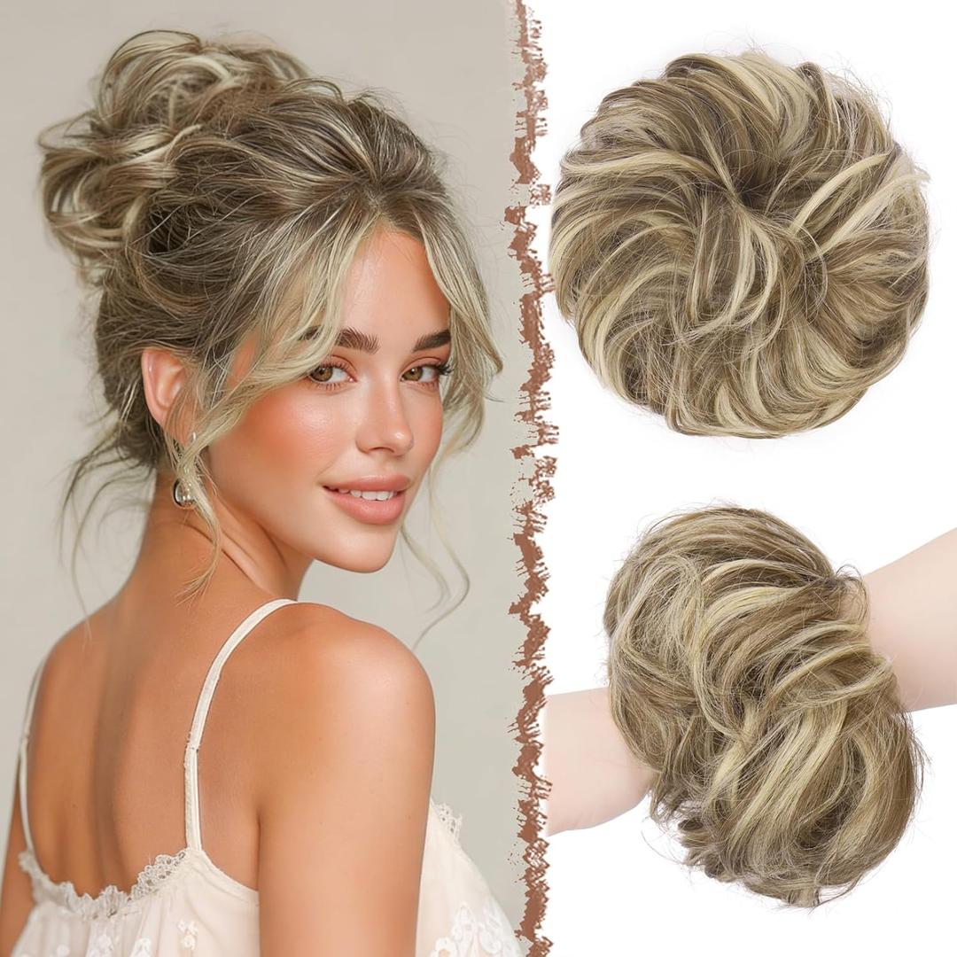 FESHFEN Large Messy Bun Hair Piece - Wavy Synthetic Chignon Scrunchies Elastic Ponytail Hair Extensions Thick Hairpieces for Women, Brunette & Blonde 1.94oz