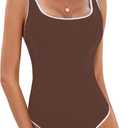 BMJL Women's One Piece Swimsuit Sports Adjustable Strap Bathing Suit Color Block Ribbed High Cut Swimsuits (Large, Brown029)