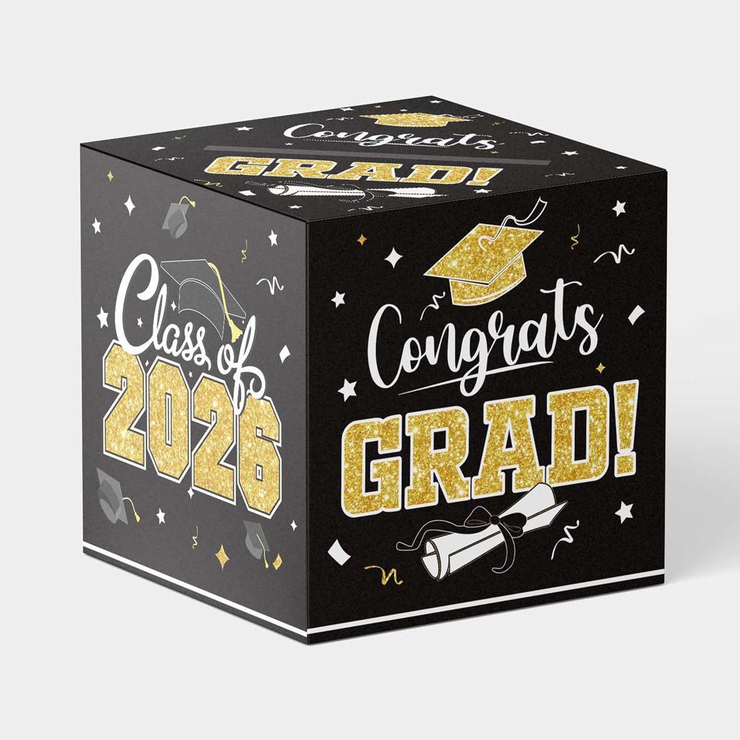 2 x Graduation Card Box Class of 2026 - Black and Gold Money Gift Box Holder for Party, Approx 9x9 Inch Large Foldable Cardboard Voting Box for High School College Grad Decorations, Congrats Grad
