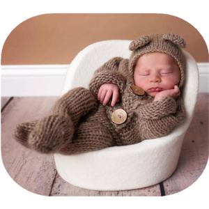 Vemonllas Newborn Photography Props Boys Girls Outfits Mohair Bear Hat Bonnet & Footed Romper Bodysuit Photoshoot Costume Set (Brown)