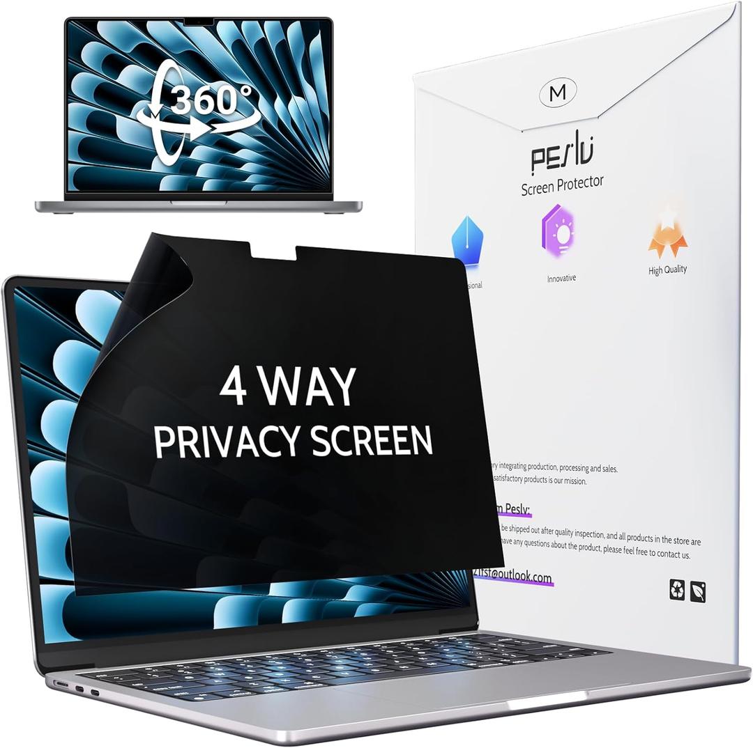 Peslv 360 4 Way Privacy Screen for MacBook Air 15 Inch (2023-2026, M2 M3 M4 M5), Anti Glare Blue Light Spy Filter Private Cover, Bubble-Free Black Security Protector for Mac Laptop