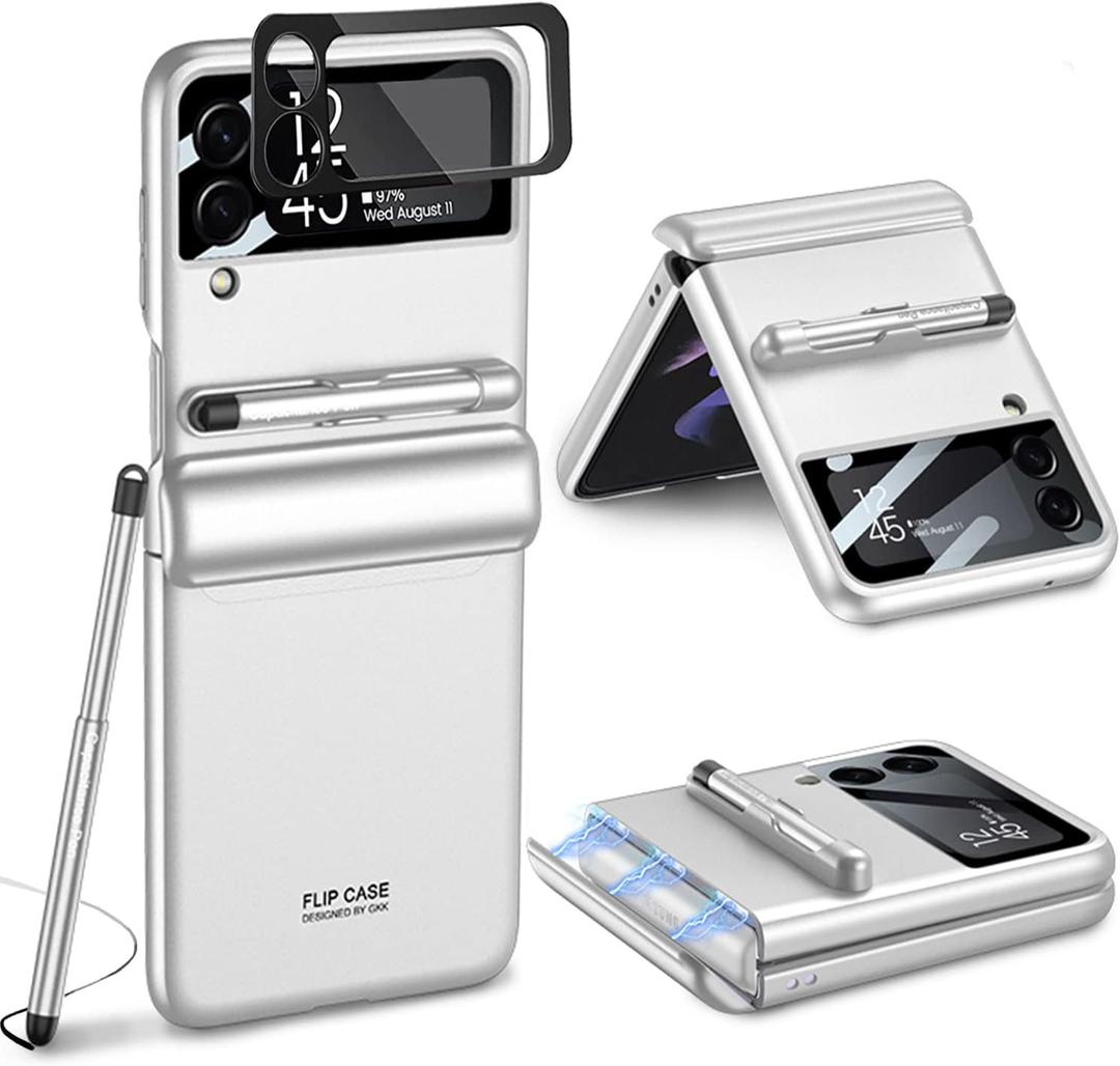 for Samsung Galaxy Z Flip 4 Case,with Stylus Fashion Business Phone case,with Hinge Protection Device and Camera Screen Protector,Case for Samsung Z Flip 4 2022 (White)
