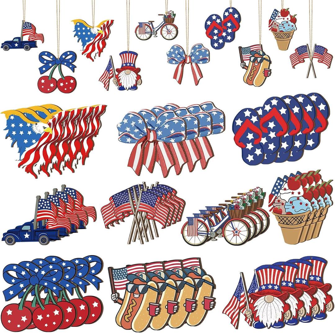 Leinuosen 50 Pcs 4th of July Wooden Ornaments for Tree 250th Anniversary Patriotic Hanging Ornaments Independence Day America Memorial Day Star Gnome Truck Wood Cutout Decor for Patriotic Party Decor
