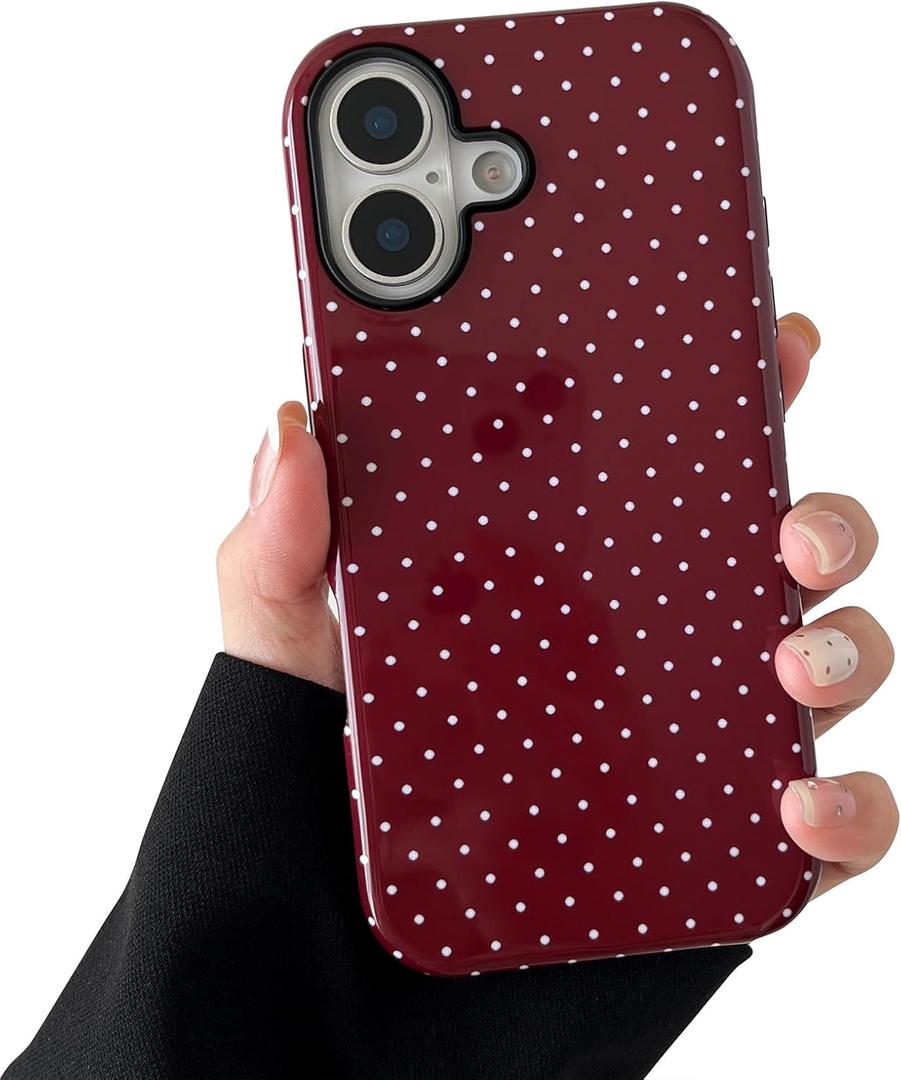 Compatible with iPhone 16 Plus Case, Fashion Cute Polka Dot Pattern Aesthetic Design for Women, Soft TPU and Hard Back Shockproof Phone Case for iPhone 16 Plus 6.7 inch, Wine Red