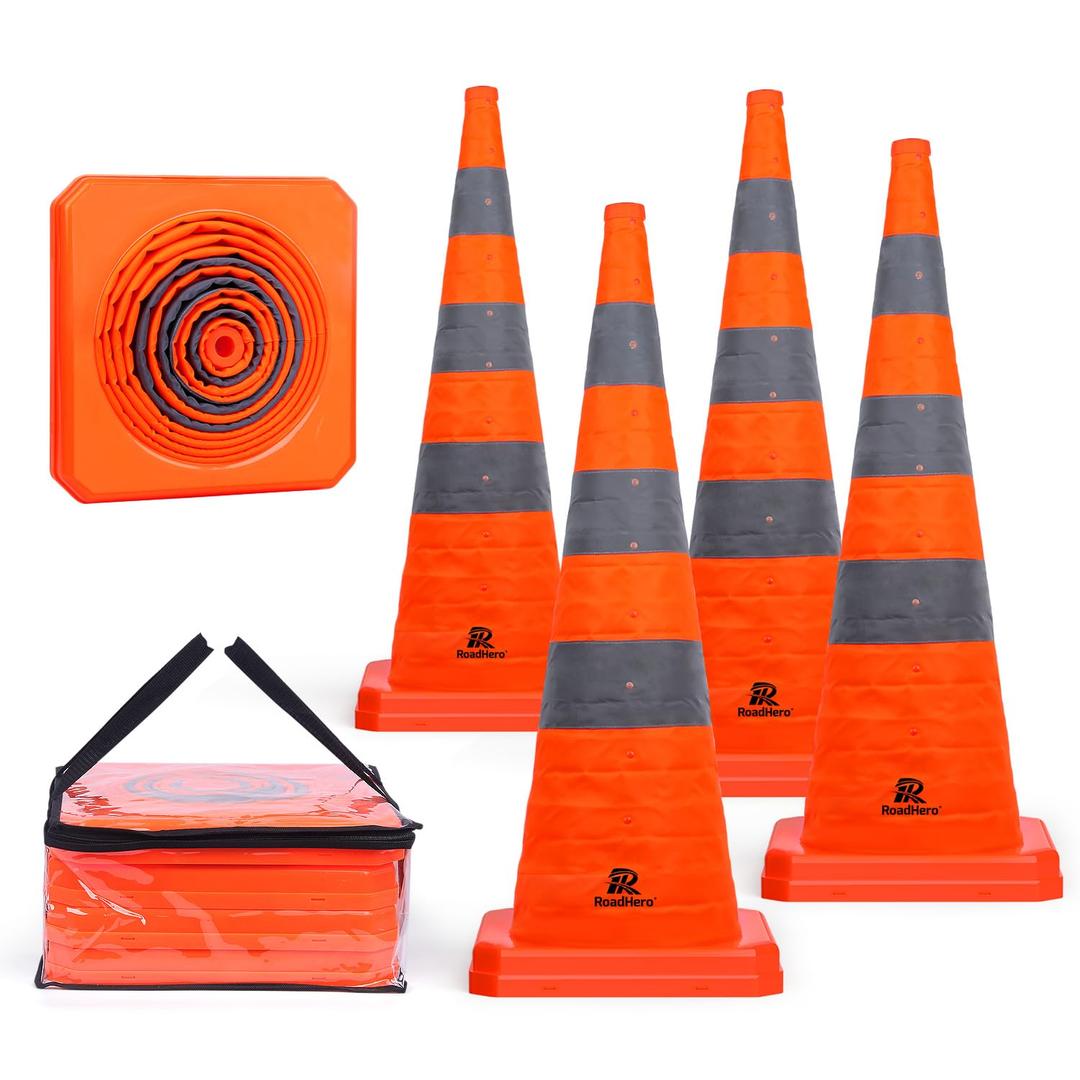 RoadHero 36 Inch 4 Pack Collapsible Traffic Safety Cones, Multi Purpose Pop-up Cones with Reflective Collar for Road Safety, Orange Cones for Driving Training, Parking Lots