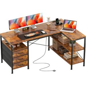 Alpen L Shaped Computer Desk, 47 Inch Corner Desk with Drawers and Power Outlets, Home Office Desk for Gaming, Study Writing PC Table with Storage and Reversible Shelf, Rustic Brown