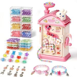 STACTCUTE Bracelet Maker Machine for Girls 6-12, Mess-Free DIY Charm Jewelry Making Kit with 800+ Beads and Mechanical Spinner, No Battery Bead Stringing Toy, Easter Bunny Gifts for Kids 6 7 8 (Pink)