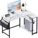 Pamray 40 Inch L Shaped Computer Desk with Reversible Side Storage Shelves, Small Corner Desk for Small Space Home Office, Writing Study Table PC Desk for Bedroom, Marble