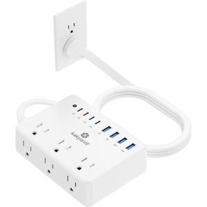 100W Charging Station, 6 AC Outlets 8 USB Power Strip with 2000J Surge Protector, 5ft Flat Plug Extension Cord, Compact for Desk Home Office Dorm, White