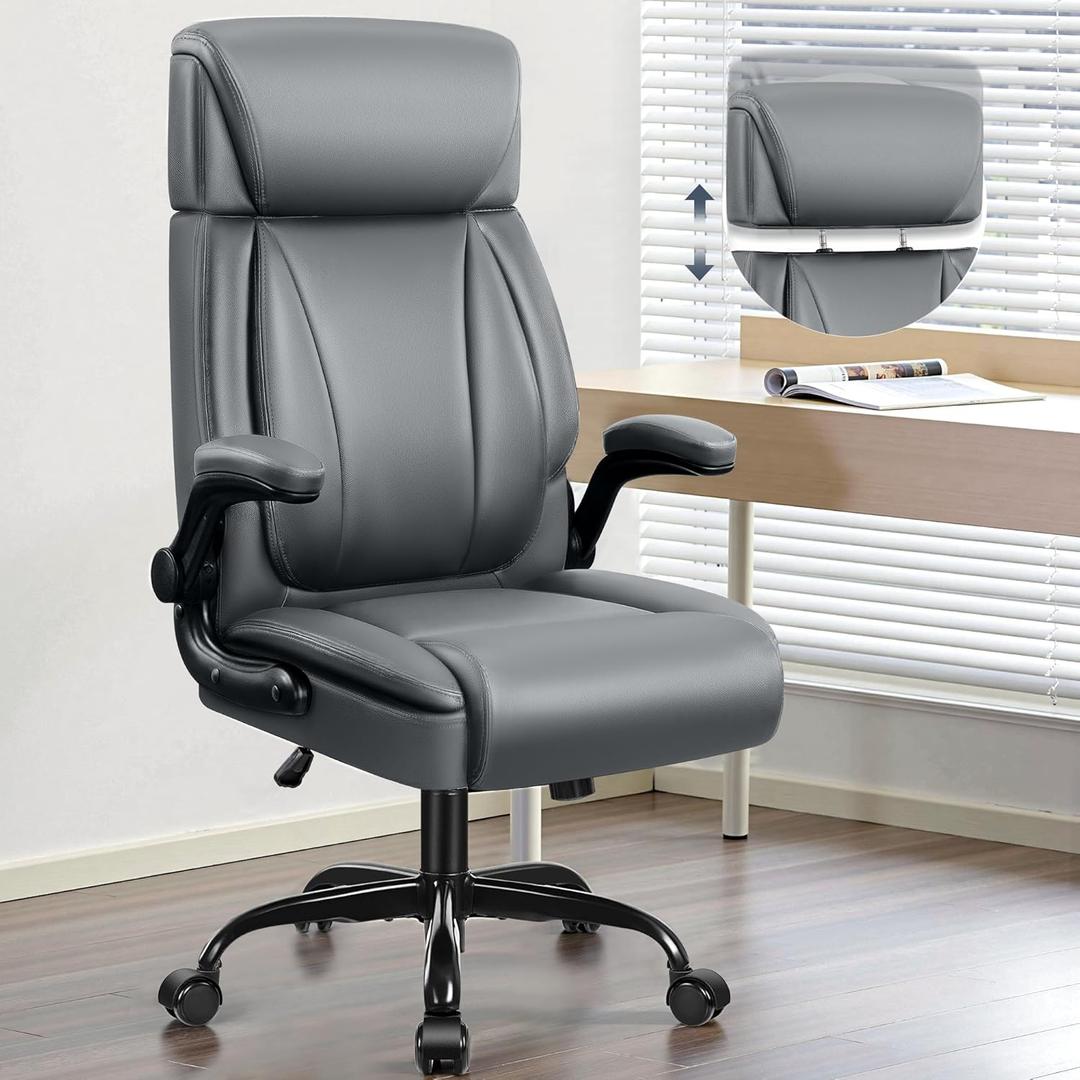 Leather Office Chair, Big and Tall Office Executive Breathable PU Computer Chair with Lumbar Support, High Back Home Office Desk Chair with Flip-up Armrests, Adjustable Headrest