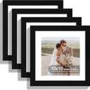 10x10 Picture Frame Set of 4, Made of Real Glass and Black Wooden Frame - Display Picture 8x8 with Mat or 10 x 10 Without Mat, 10 by 10 Photo for Wall or Tabletop