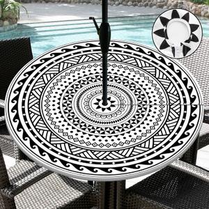 Outdoor Tablecloth with Umbrella Hole Waterproof Abstract Tribal Round Fitted Tablecloth with Elastic Zippered Table Cloth Round Cover for Picnic, Camping,Party (48''-52'')