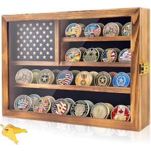 Wooden Challenge Coin Holder Display Case 16"x13", Large Coin Shadow Box with Clear Acrylic Door, Thoughtful Military Retirement Gift for Veterans, Law Enforcement & Coin Collectors
