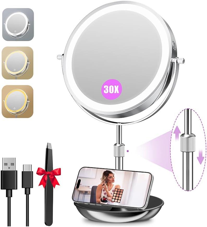 Auxmir 9" Large Lighted Makeup Mirror with Magnification, 1X/30X Double Sided Magnifying Mirror with Adjustable Height, Rechargeable Vanity Mirror with 3 Color Dimmable Lights, 360 Rotation