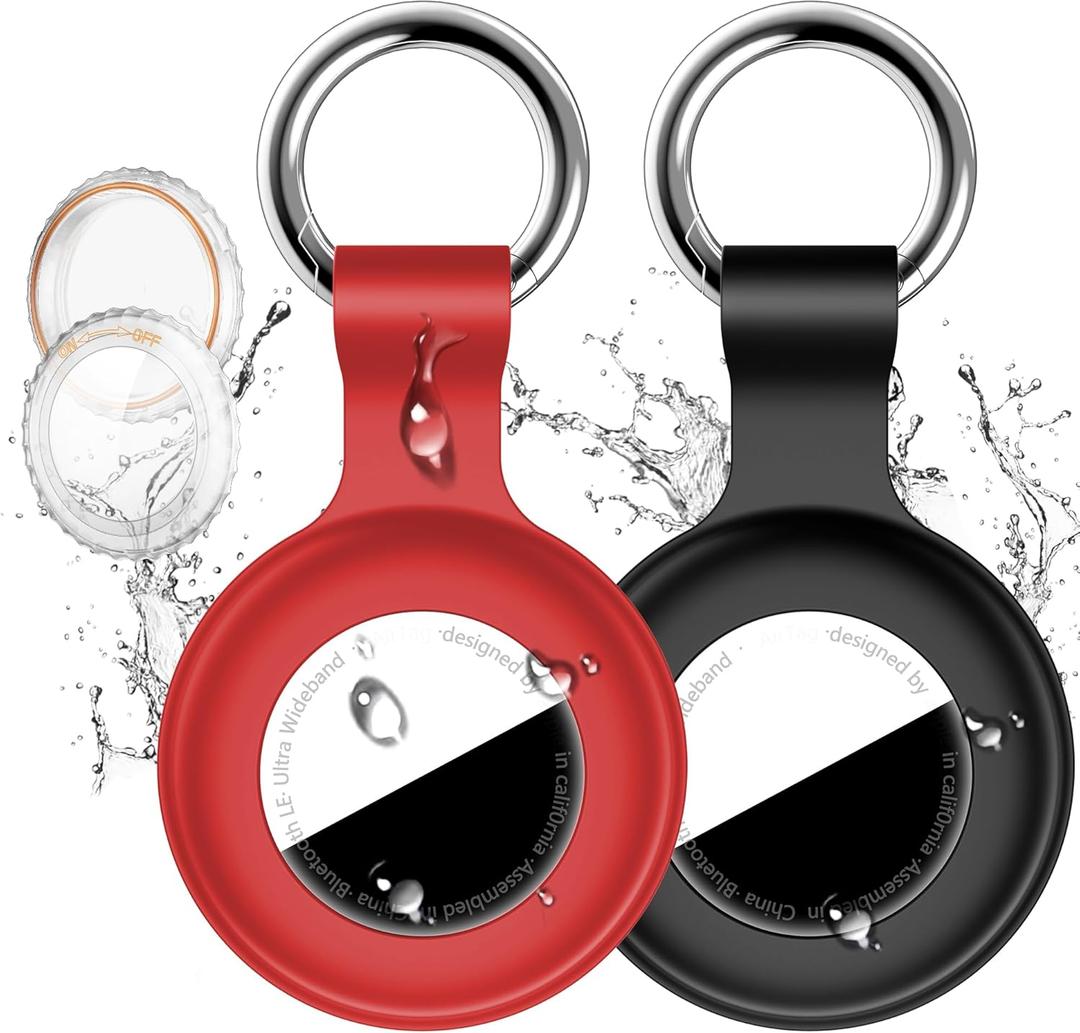 2 Pack Compatible with Apple Airtag Holder with Keychain,IPX8 Waterproof GPS Cover for Air-Tags Shockproof [Anti-Scratch] Item Finders Case for Pets,Kids,Luggage-Black+Red