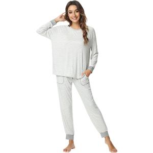 NACHILA Pajamas for Women Long Sleeve Sleepwear Comfy Pants Pajama Set Pleated Pjs with Pocket,Viscose Made from Bamboo, XL
