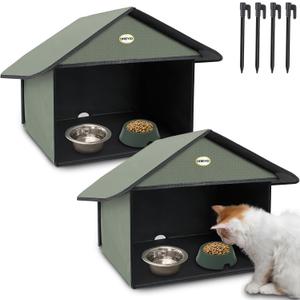 Dreyoo Outdoor Cat Feeding Station with Heated Cat Water Bowl, Weatherproof Kitty Dining Room Outdoor with Heated Pet Bowl for Food and Water, Feral Cat Feeding Station Cat Shelter(Blue)