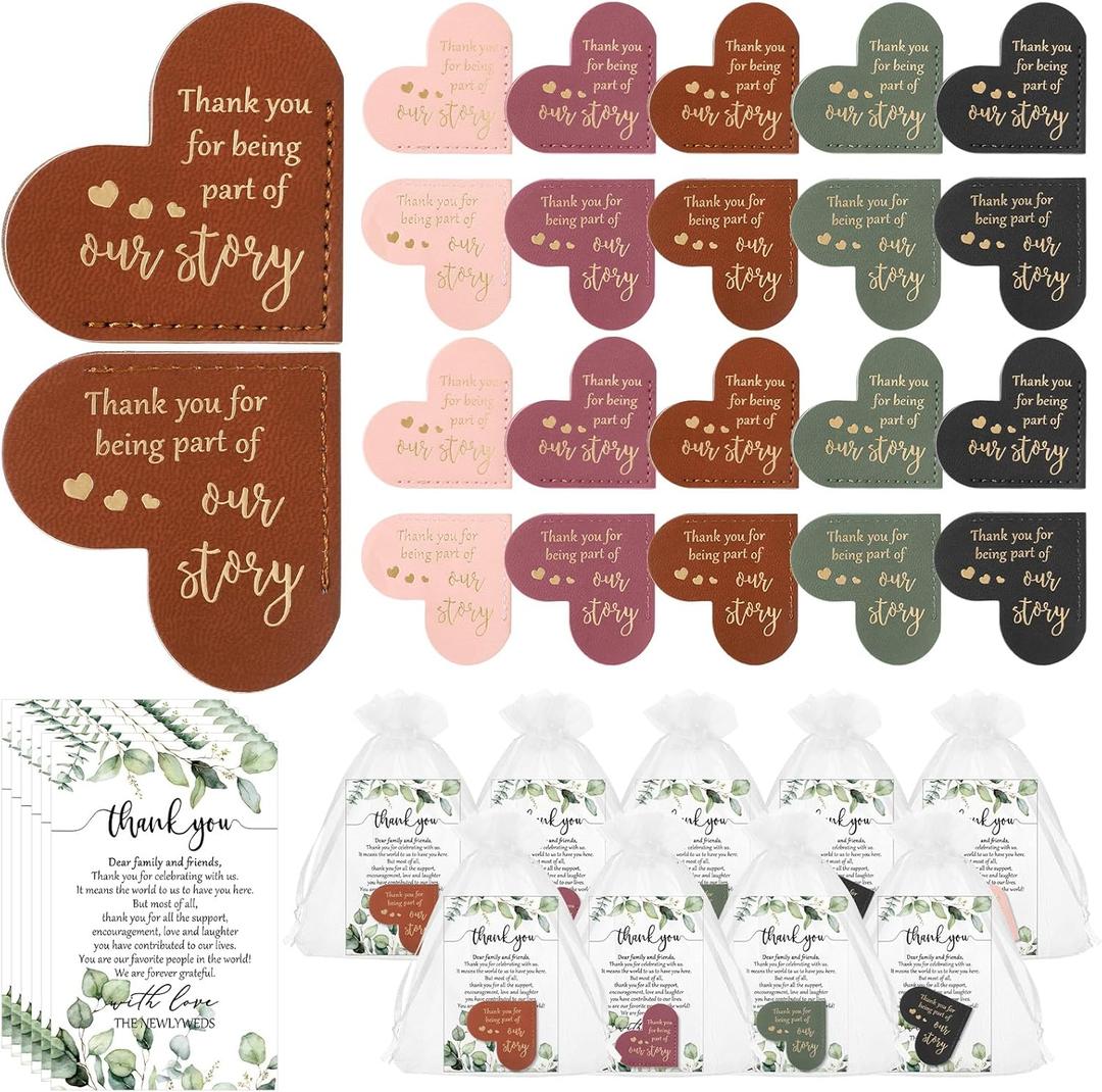 100 Sets Wedding Favors for Guests Bulk Include PU Leather Corner Bookmarks Heart Book Marks Thank You Cards Gift Bags Wedding Souvenirs for Guest Bridal Shower Favors Reading Lover Gifts