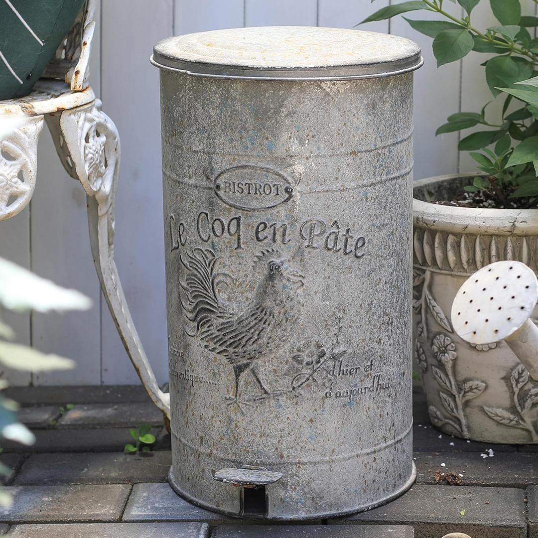 Z&Z ornamentorum Retro Kitchen Trash Can with Lid 15 Liter/4 Gallon and Pedal Round Touchless Garbage Cans with Rooster Patterns Outdoor Trash Can for Kitchen Park Garden Grey