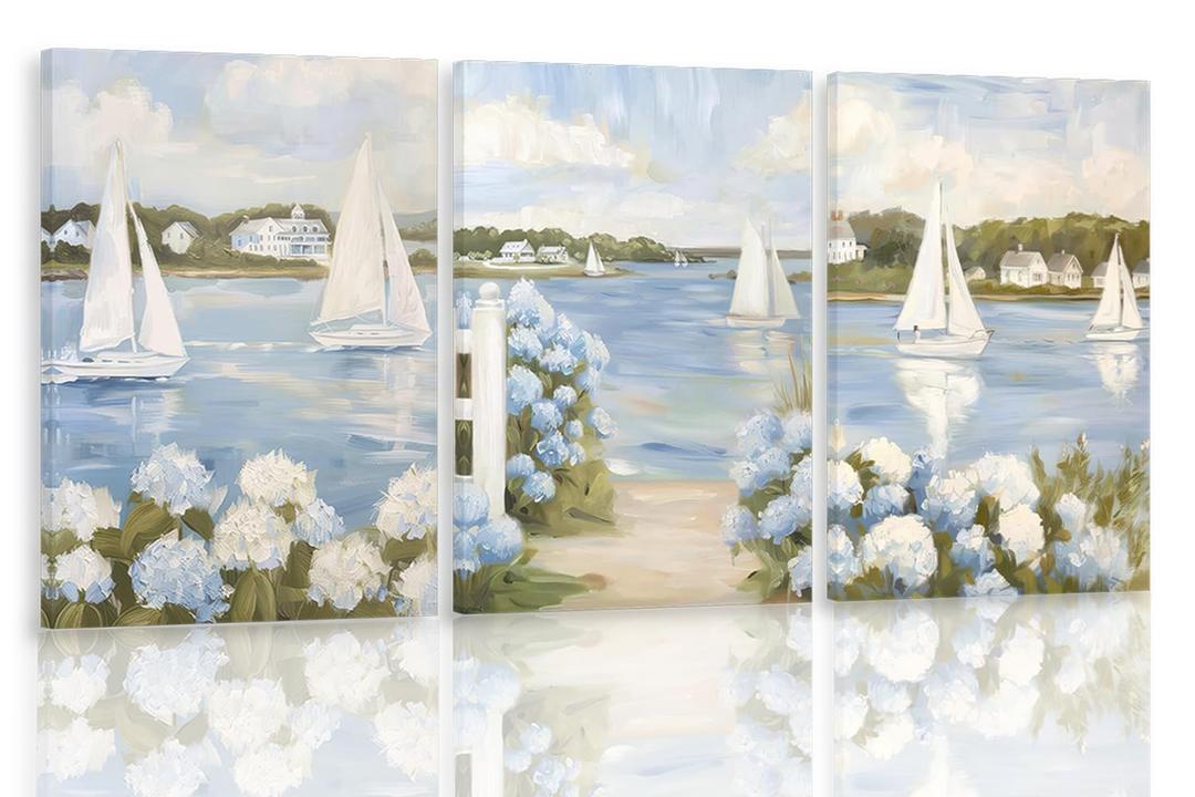 3Pcs Blue Seaside Hydrangea Canvas Wall Art Coastal Sailboat Pictuer Wall Summer Seaside Garden Prints Vintage Hydrangea Poster Seascape Landscape Pictures Painting For Beach House Living Room Bedroom 16x24in(Stretched Canvas On A Wooden Frame)