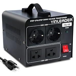 Yinleader 110V to 220V EU Voltage Converter Transformer 1000W Step Up/ Down Converter 110/ 120 Volt - 220/ 230/ 240 Volt w/ US Power Cord