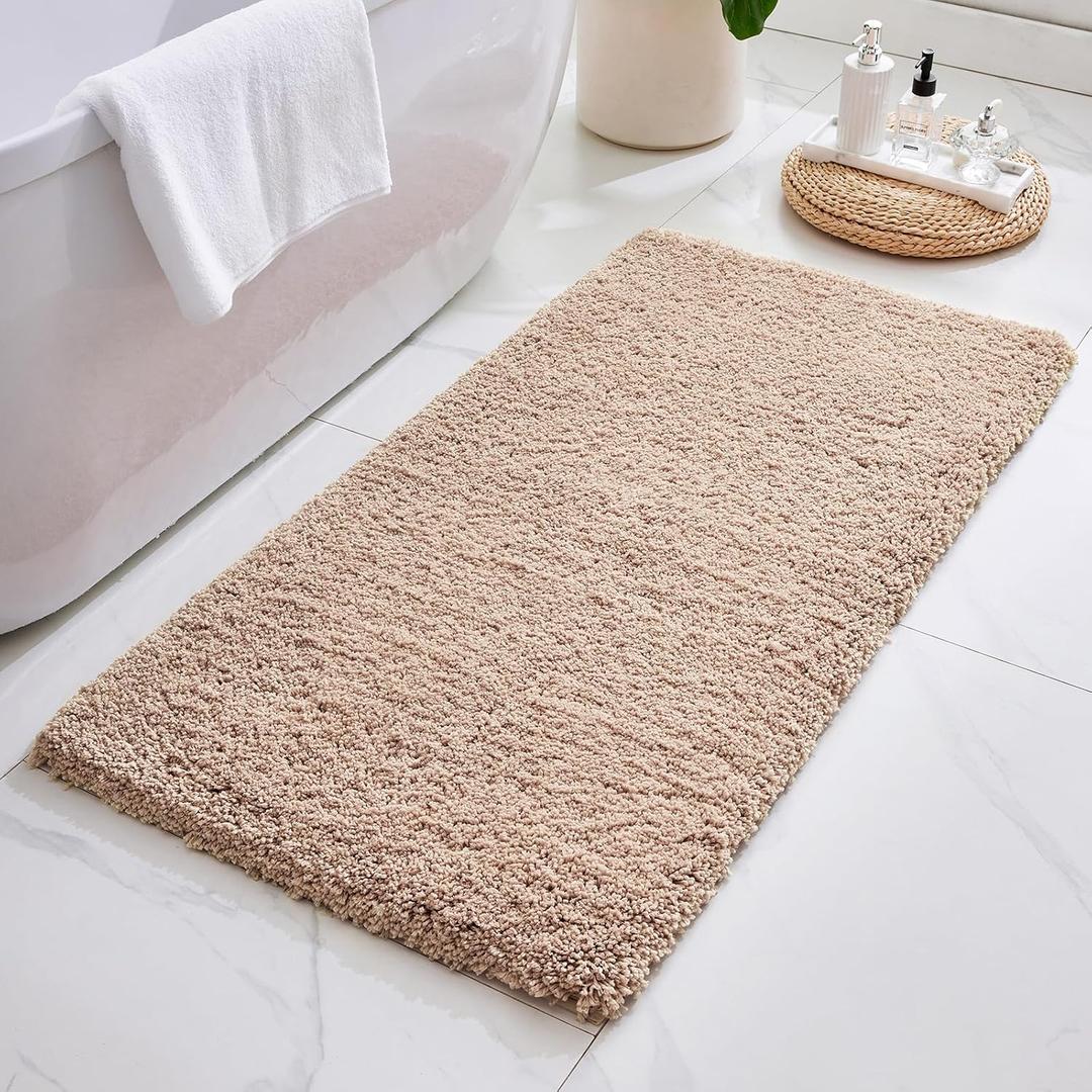 ILANGO Beige Bathroom Rugs 70" 24" Non Slip & Super Absorbent Extra Thick Soft, Washable Bath Carpet Runner for Floor, Microfiber Plush Shaggy Bath Mats with Rubber for Bedroom Bathtub Shower Room, 2' x 5'10"