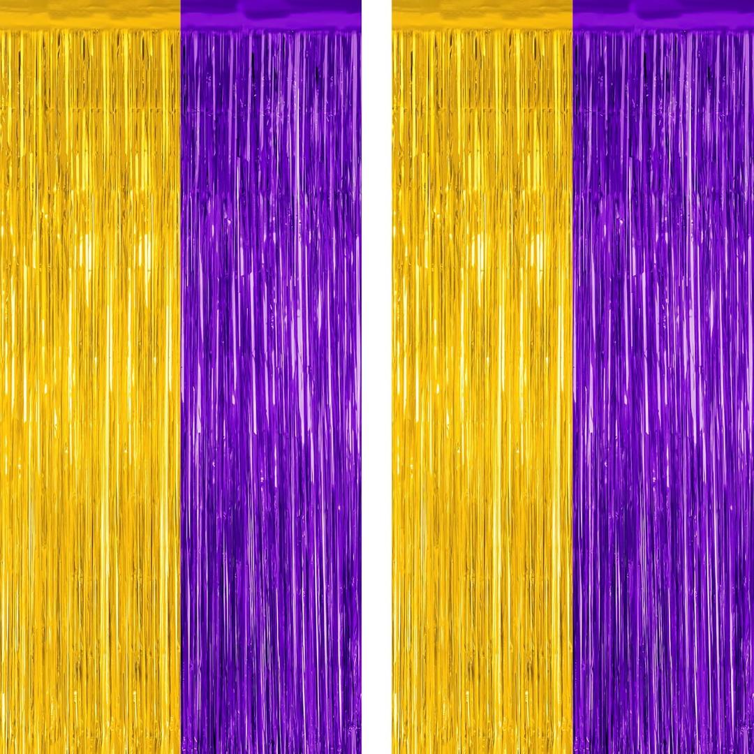 2 Pack Graduation Backdrop, 3.28 FT x 7.05 FT Grad Party Decorations 2025, Purple Gold Backdrop Foil Fringe Curtains, Metallic Purple and Gold Graduation Decorations Class of 2025 Decor