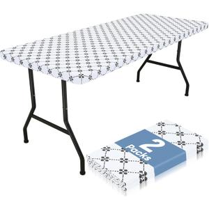 misaya 2 Pack Rectangle Vinyl Table Cloth, Elastic Fitted Tablecloth with Flannel Backing, Waterproof Plastic Table Cover Fits 6 Foot Folding Tables for Picnic, Camping and Outdoor (White, 30" x 72")