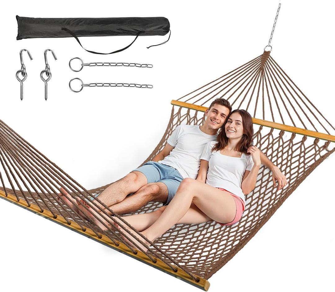 Double Hammock for 2 Person, Handwoven Rope Hammock with Spreader Bar - Indoor & Outdoor Use for Patio, Poolside, Backyard (Brown)