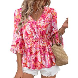 Timeson Women's 3/4 Sleeve Tops Dressy Casual V Neck Floral Blouses Elastic Waist Fall Shirts (Pink, XL)
