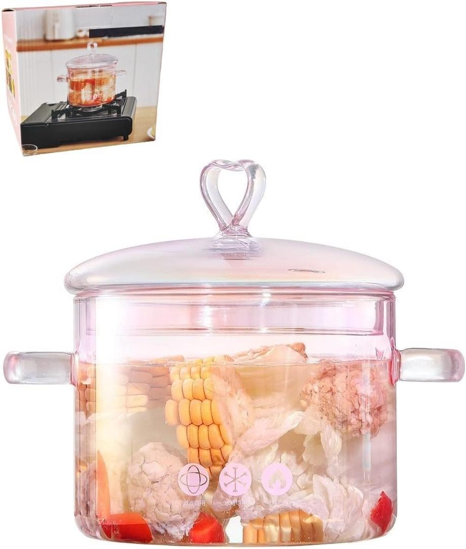 1.5L Pink Glass Potpourri Pot, 1500ml (51oz), Glass Cooking Pot, Heart-shaped Lid, Easy to Clean, Heat Resistant, Safe for Oven, Gas, Electric Stoves, and Dishwashers. for Potpourri, Pasta, and Soups.