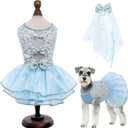 ASENKU Dog Dress, Dog Wedding Dress, Pet Lace Princess Dress with Bows for Wedding Birthday Party, Puppy Formal Apparel with Pearl Necklace for Medium Large Dogs (Blue, Large)