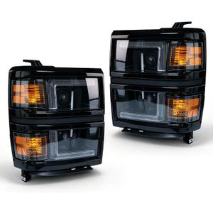 Headlight Assembly Compatible with 2014-2015 Chevy Silverado 1500 Headlights Headlamps Left+Right 14-15 Lights (GLOSS BLACK FRAME+BLACK INNER+AMBER SIDE)